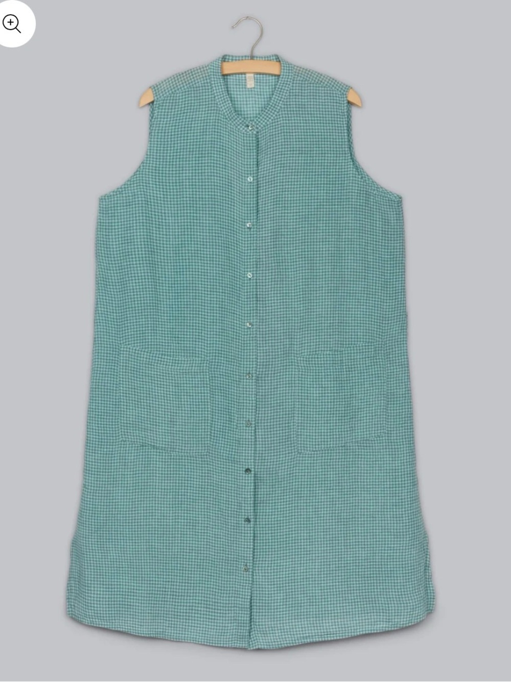 Eileen Fisher Teal Gingham Sleeveless Button-Front 100% Organic Linen Dress Sz S